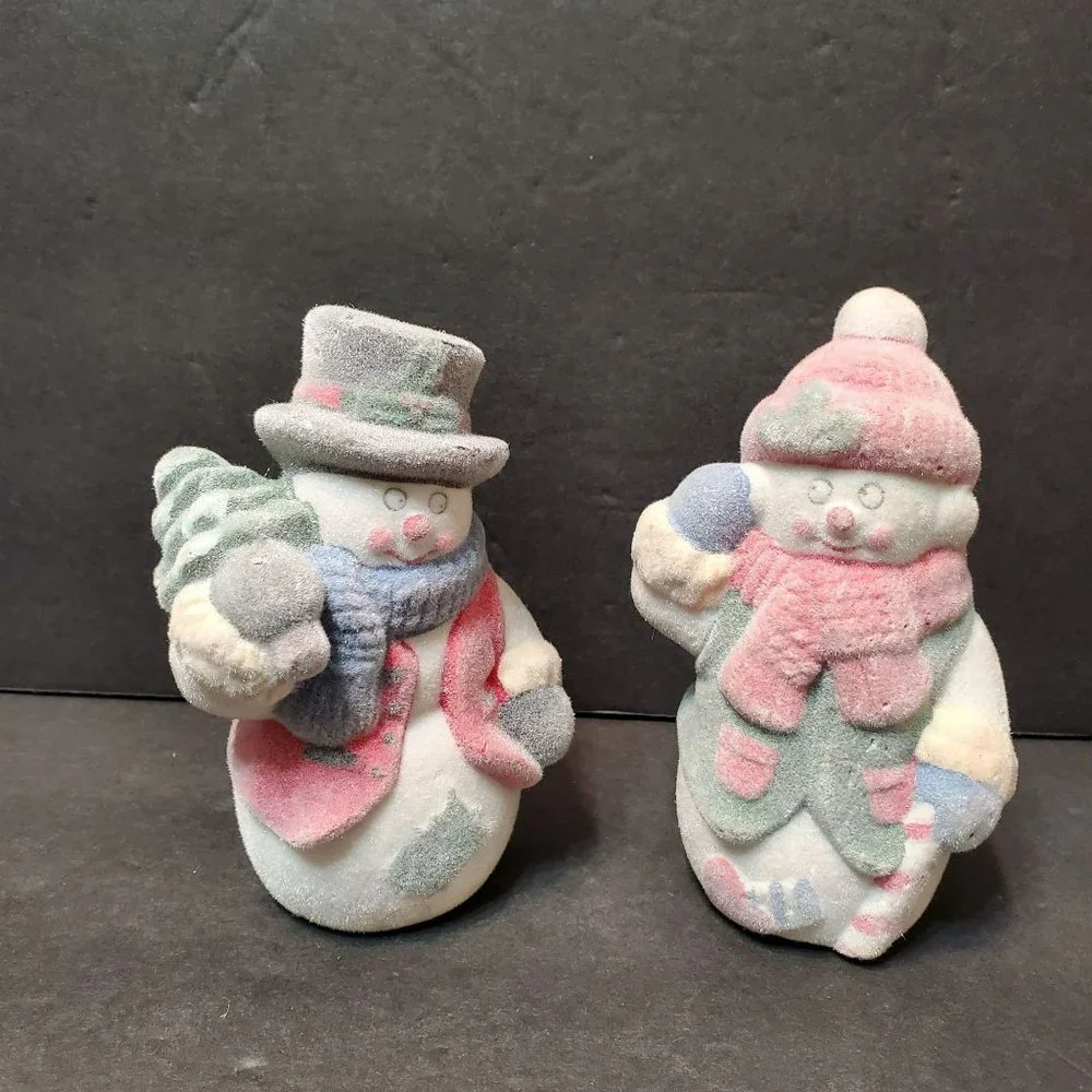Vintage Flocked Mr and Mrs Snowman Figurines, Set of 2, Christmas Statues